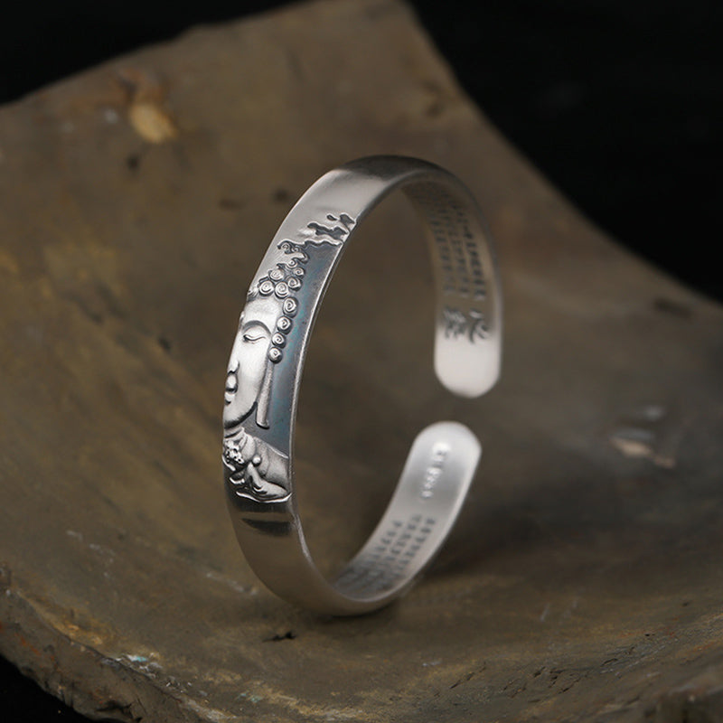999 Sterling Silver Buddha Head Heart Sutra Serenity Bracelet Bangle