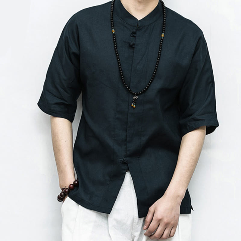 Chinese Frog-Button Tang Suit Zen Half Sleeve Shirt Linen Men Clothing