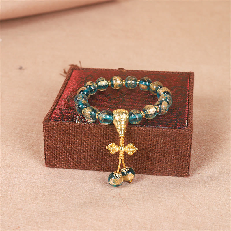Tibetan Liuli Bead Bracelet with Gold Pixiu and Vajra Dorje Symbols