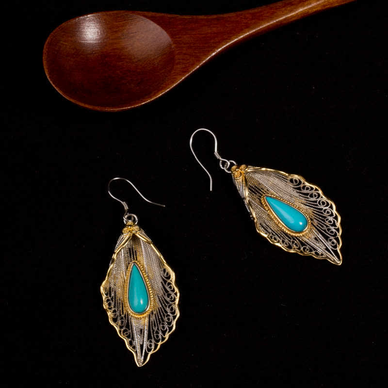 Bodhi Leaf Pattern 925 Sterling Silver Turquoise Dangle Drop Earrings
