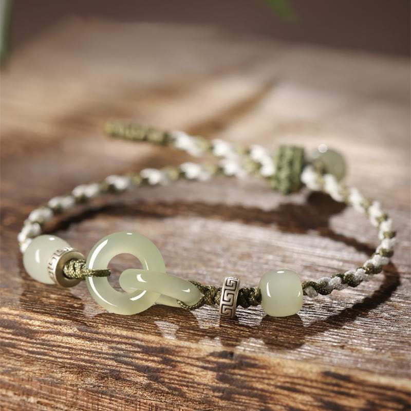 Natural Hetian Jade Ping An Kou Peace Buckle Braided Bracelet