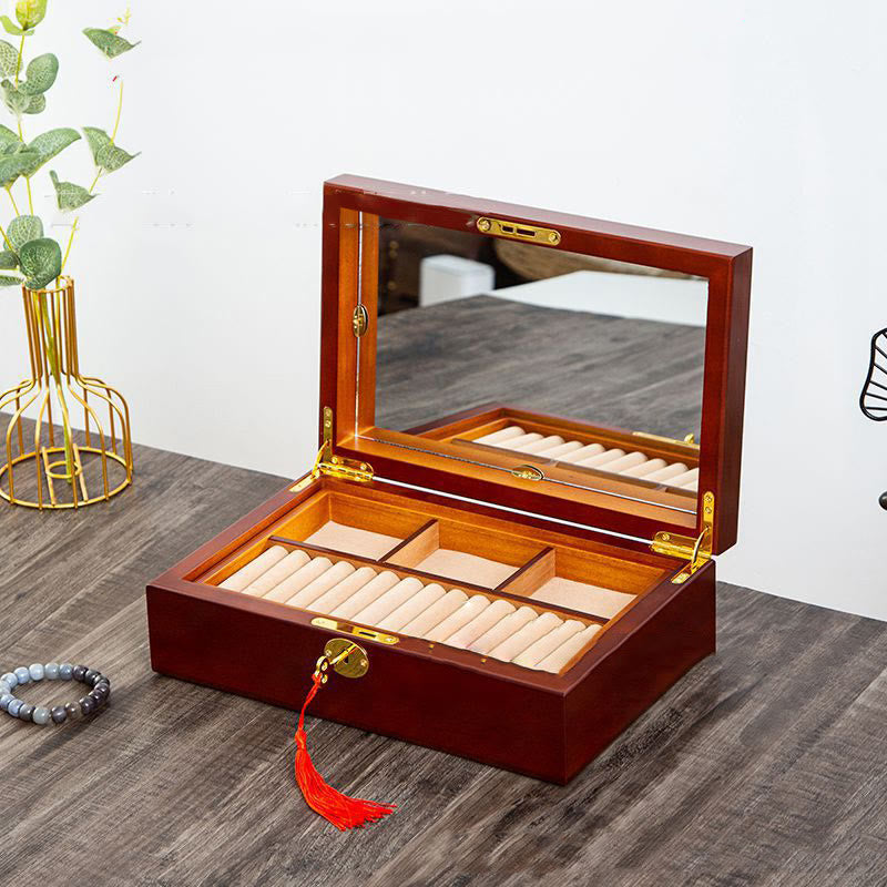 Vintage Wooden Jewelry Box Two-Layer Solid Wood Jewelry Storage Box