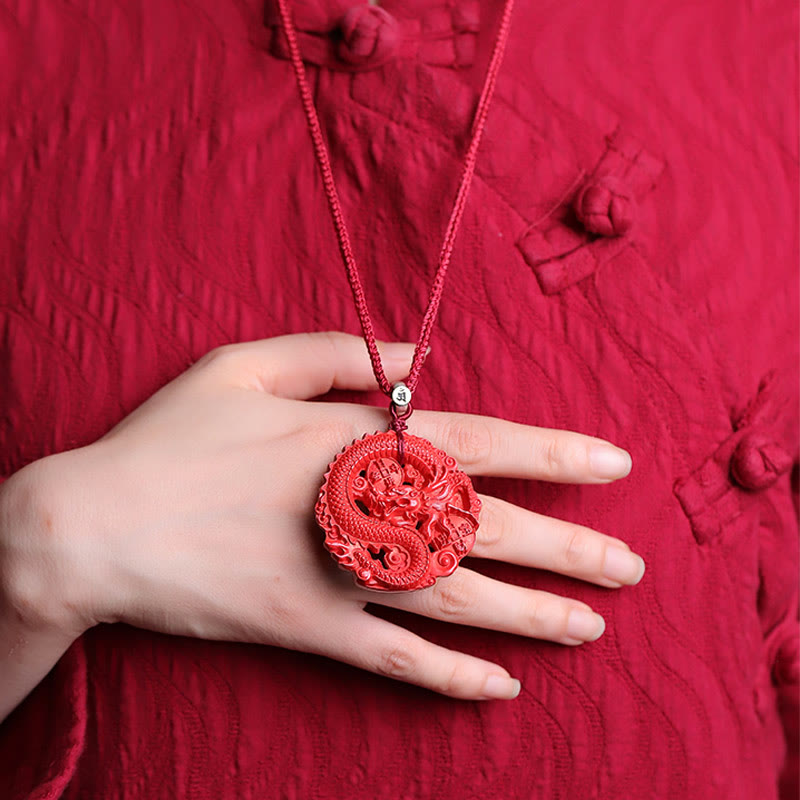 Year of the Dragon 925 Sterling Silver Natural Cinnabar Copper Coin Luck Necklace Pendant