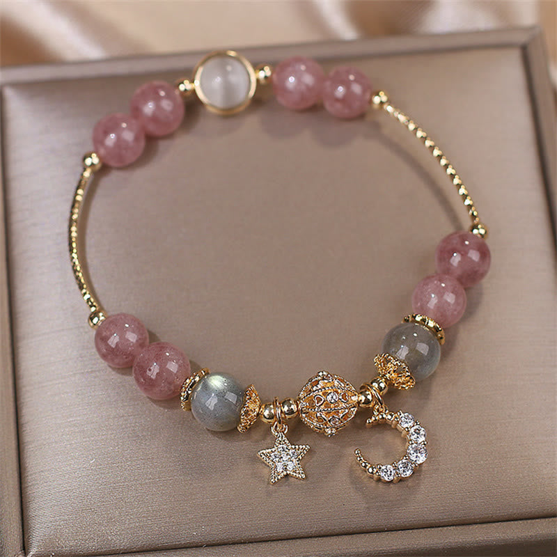 Celestial Strawberry Quartz, Moonstone & Cat's Eye Moon Star Gemstone Bracelet