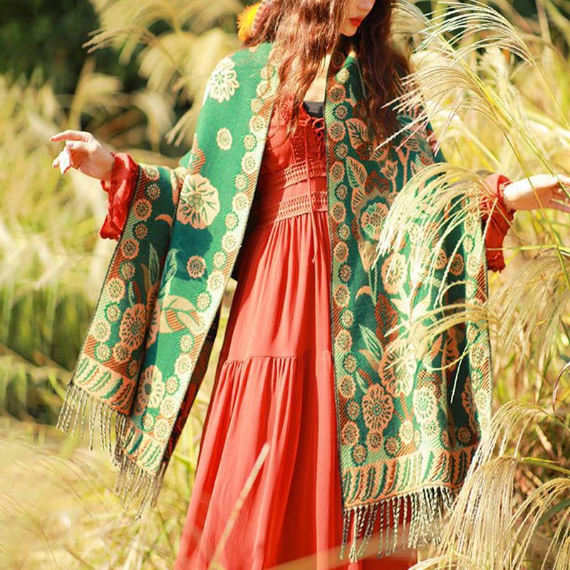 Tibetan Flower Floral Leaves Pattern Design Shawl Cozy Travel Scarf Wrap