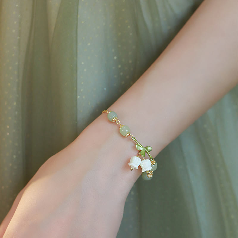 Green Jade Bead Lily of the Valley Prosperity Chain Bracelet