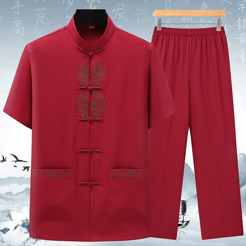 Fu Character Chinese Knotting Embroidery Tang Suit Traditional Short Sleeve Top Pants Clothing Men's Set