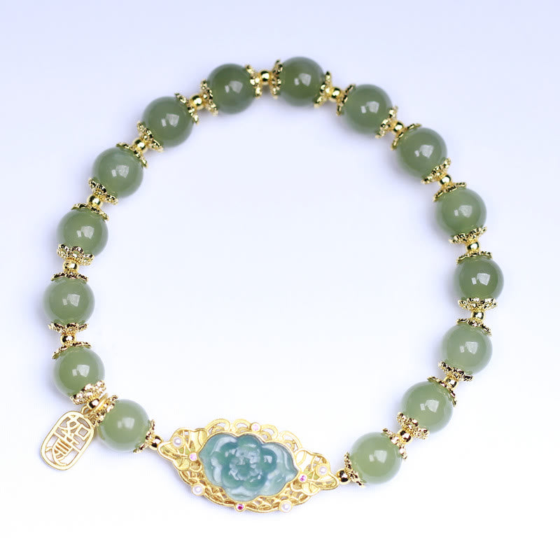 925 Sterling Silver Plated 14K Gold Hetian Jade Lotus Luck Bracelet