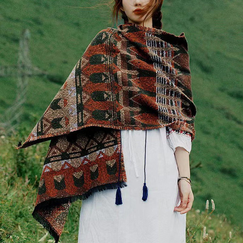 Tibetan Shawl Classic Geometry Pattern Winter Cozy Travel Scarf Wrap