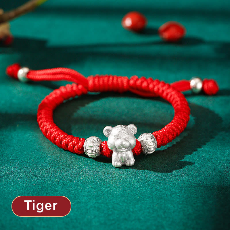 Handcrafted 999 Sterling Silver Chinese Zodiac Vajra Knot Red String Kids Bracelet