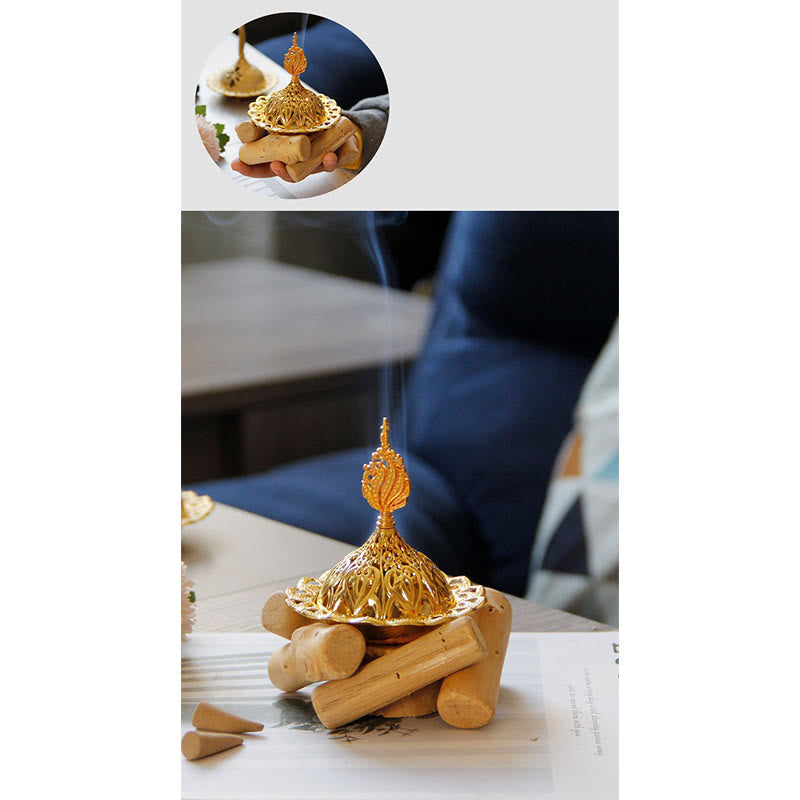 Mini Gold Alloy Buddha Incense Burner with Protective Wooden Coaster