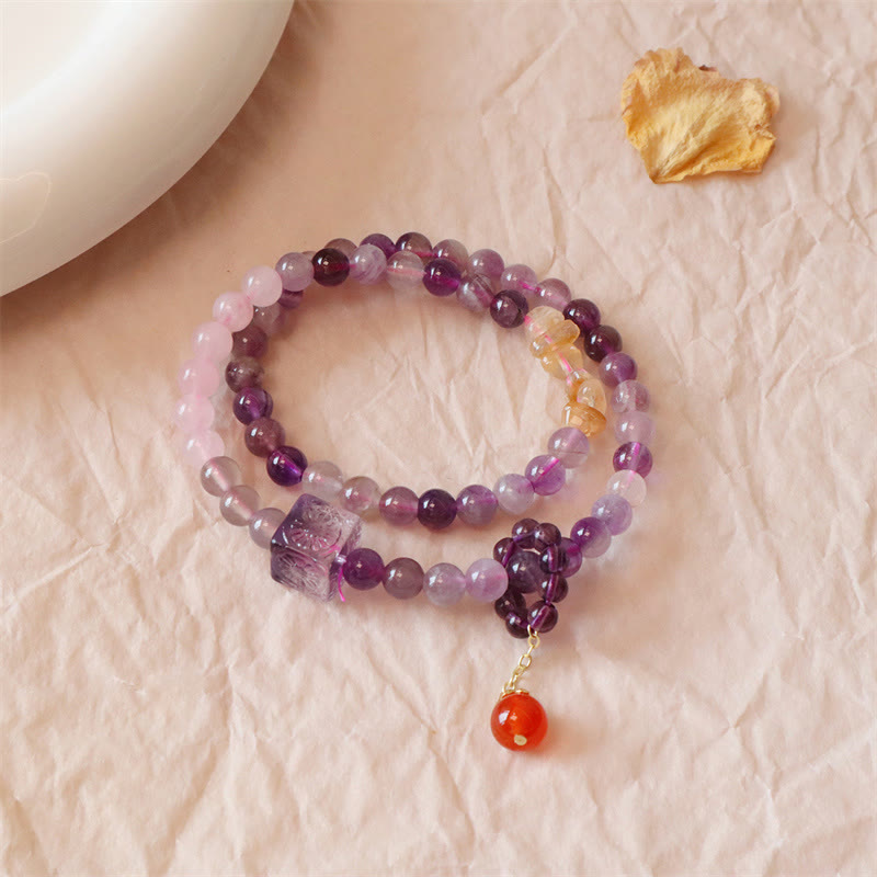 Natural Amethyst Citrine & Red Agate Beaded Double Wrap Bracelet