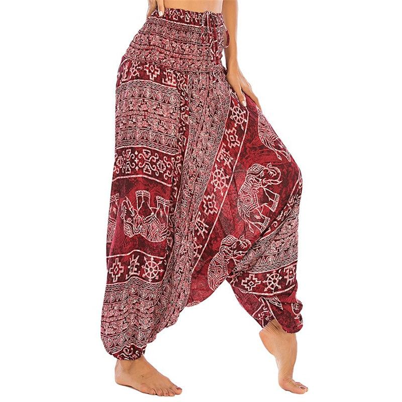 Two Style Wear Elephant Pattern Loose Smocked Harem Trousers Jumpsuit Women's Yoga Pants