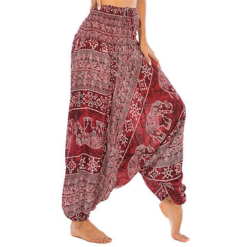 Two Style Wear Elephant Pattern Loose Smocked Harem Trousers Jumpsuit Women's Yoga Pants