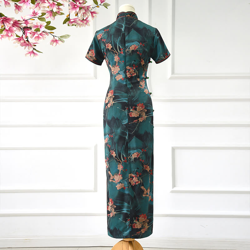 Vintage Pink Flowers Print Cheongsam Dress Women's Qipao Dress
