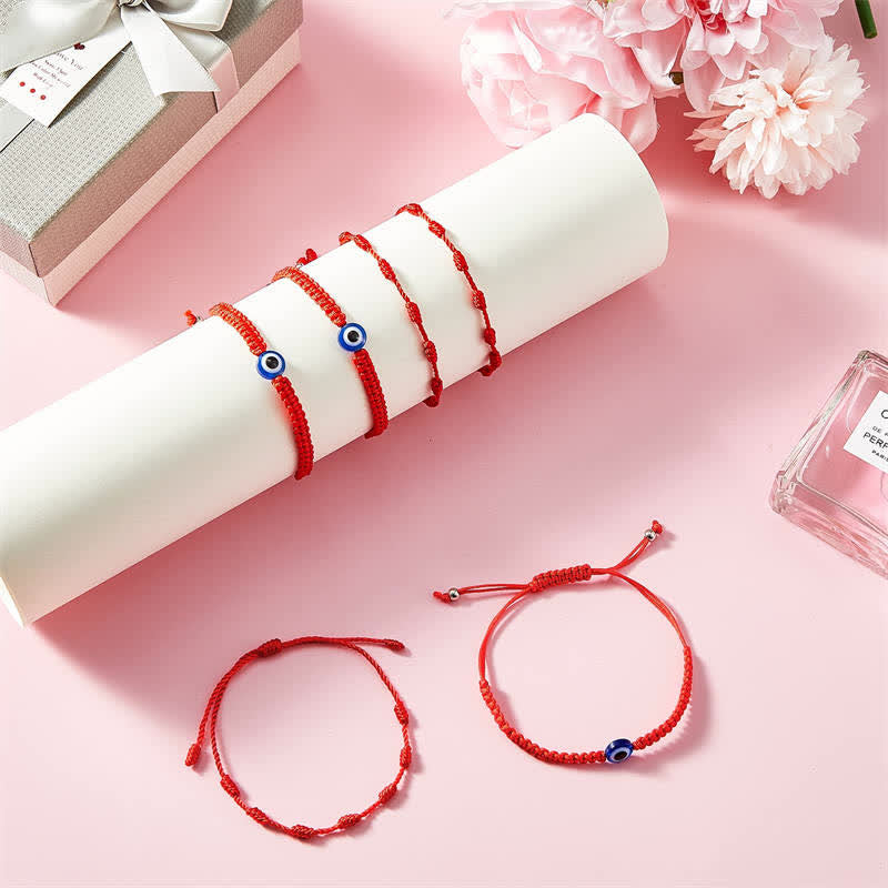 4-Piece Evil Eye Seven Knot Red String Adjustable Bracelet Set