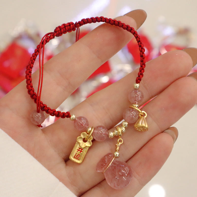 Natural Strawberry Quartz Money Bag Lotus Healing Charm Red String Braided Bracelet