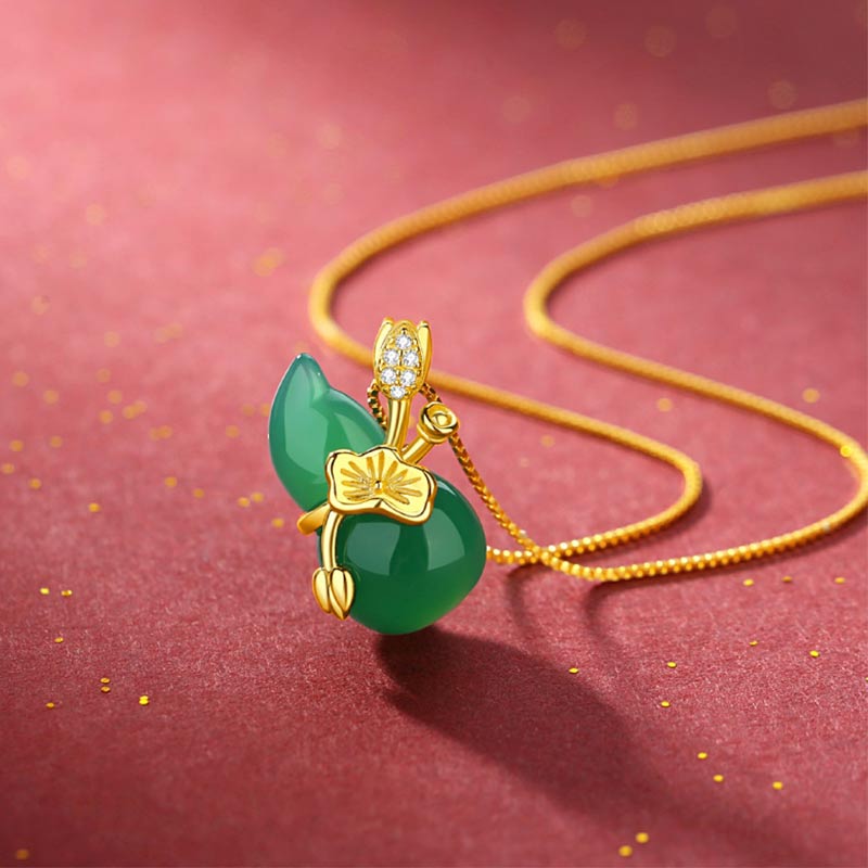Cyan Jade Gourd Lotus Leaf Abundance Pendant Necklace