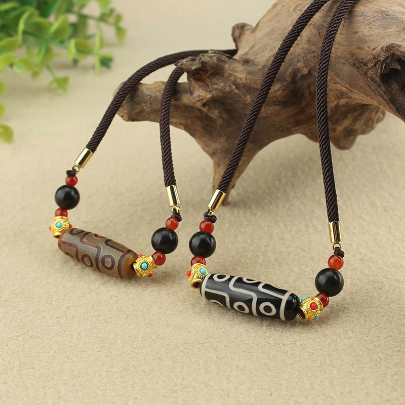 Tibetan Nine-Eye Dzi Bead Protection Blessings String Necklace Pendant