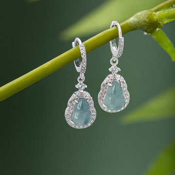 925 Sterling Silver Green Jade Wu Lou Gourd Drop Earrings