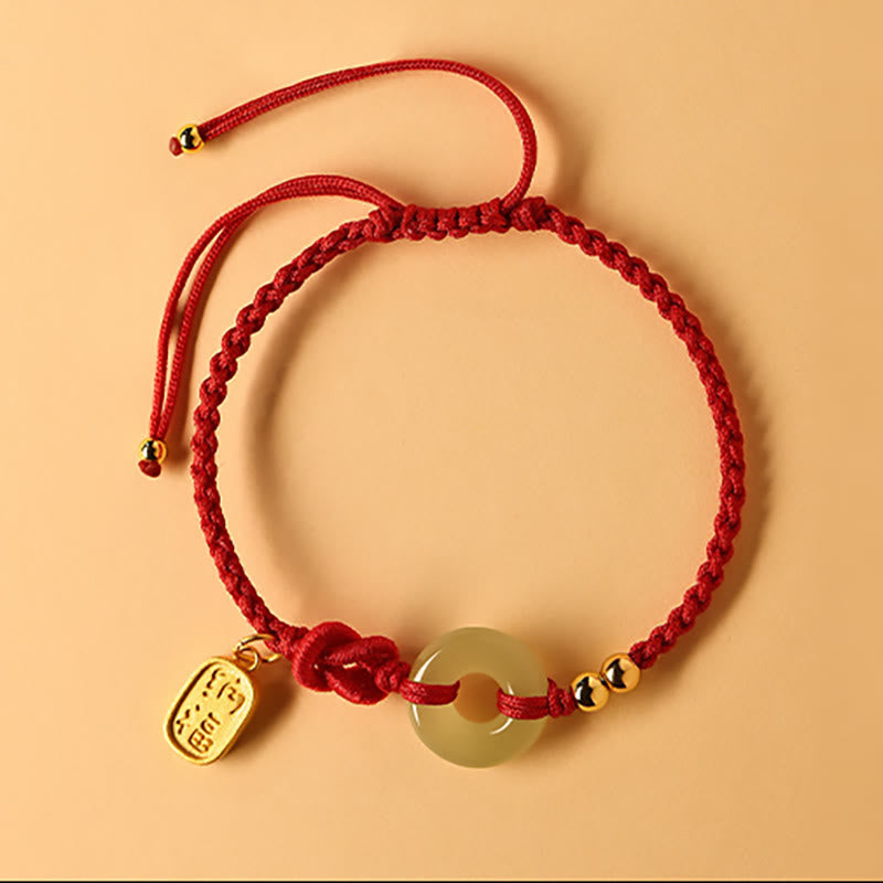 Hetian Jade Ping An Kou & Sterling Silver Fu Symbol Adjustable Cord Bracelet