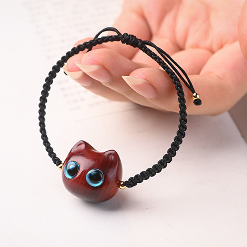 Small Leaf Red Sandalwood Ebony Wood Cute Cat Head Calm Protection Braided Bracelet