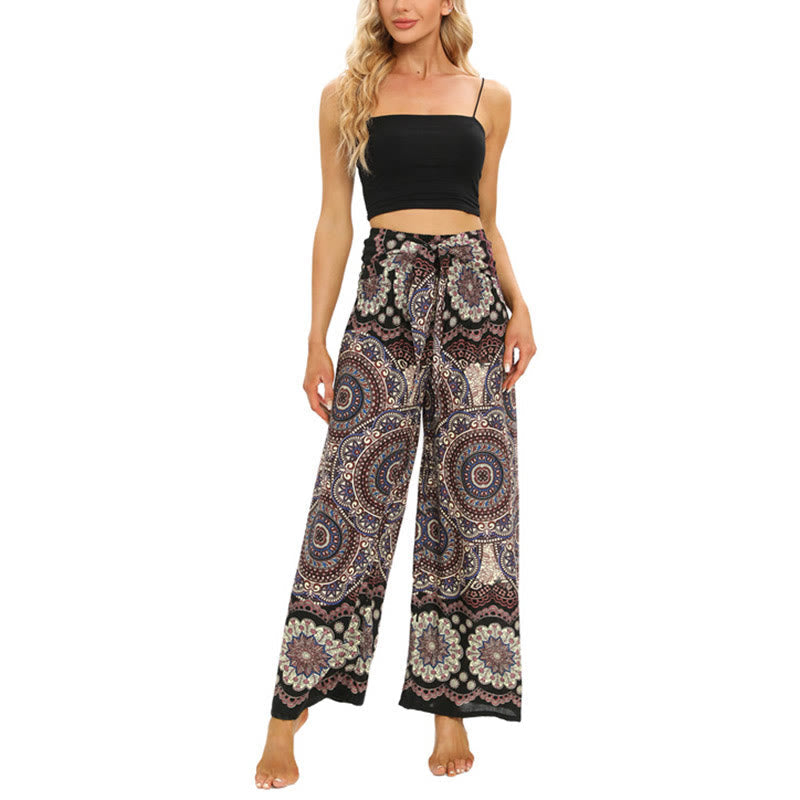 Boho Mandala Print Lace-up Wide Leg Pants Women's Yoga Pants