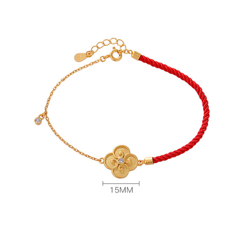 Handmade Red String Bracelet with Gold Plated 925 Sterling Silver Four-Leaf Clover and Zircon