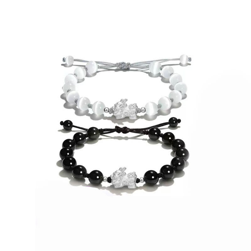 Natural Black Obsidian Cat's Eye Pink Crystal PiXiu Strength Bracelet