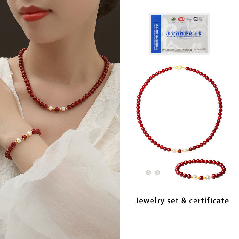 925 Sterling Silver Natural Cinnabar Pearl Blessing Necklace Pendant Bracelet Earrings Jewelry Set