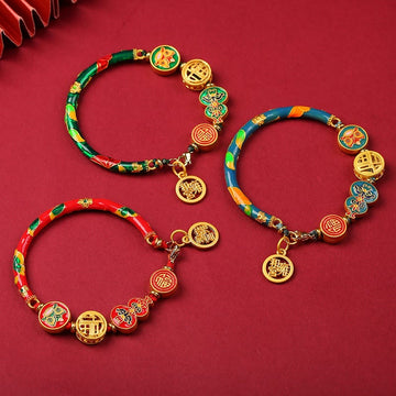 Tibetan Handcrafted Copper Wu Lou and Guardian Lion Cord Bracelet