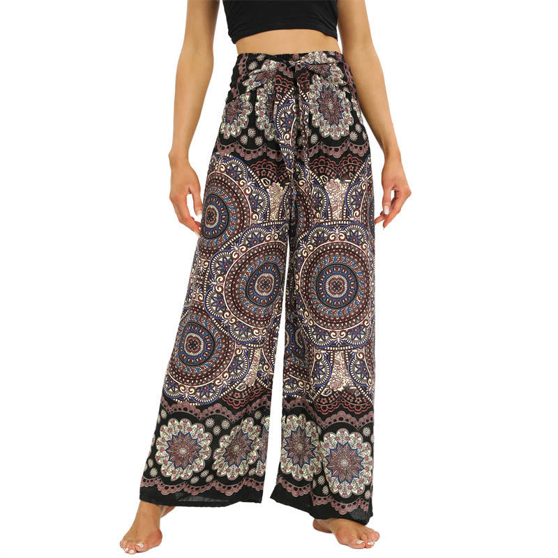 Boho Mandala Print Lace-up Wide Leg Pants Women's Yoga Pants