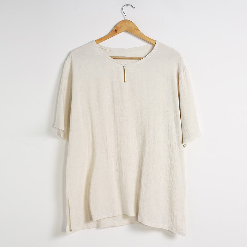Breathable Cotton-Linen Crew Neck Short Sleeve Meditation Shirt