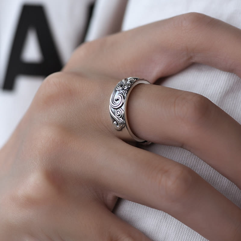 999 Sterling Silver Auspicious Clouds Engraved Blessing Adjustable Ring