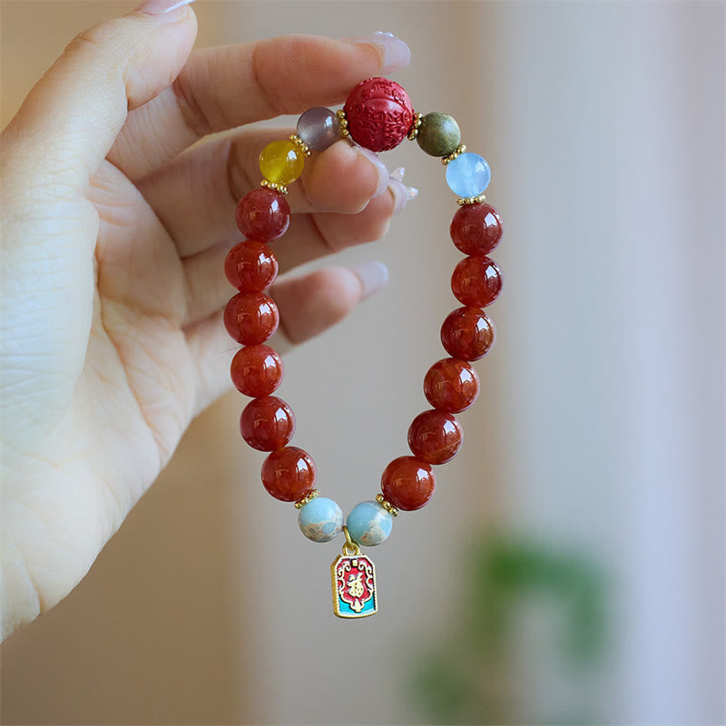 Natural Red Agate & Shoushan Stone Dragon Fu Charm Peace Talisman Bracelet