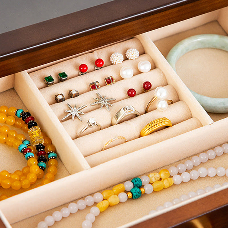 Retro Handcrafted Solid Wood Multi-Layer Jewelry Storage Box with Drawer