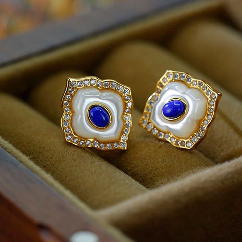 925 Sterling Silver Tridacna Stone Lazurite Prismatic Design Blessing Earrings Necklace Pendant Jewelry Set