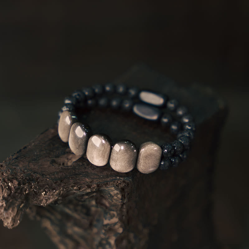 Natural Silver Sheen Obsidian and Volcanic Lava Stone Beaded Bracelet
