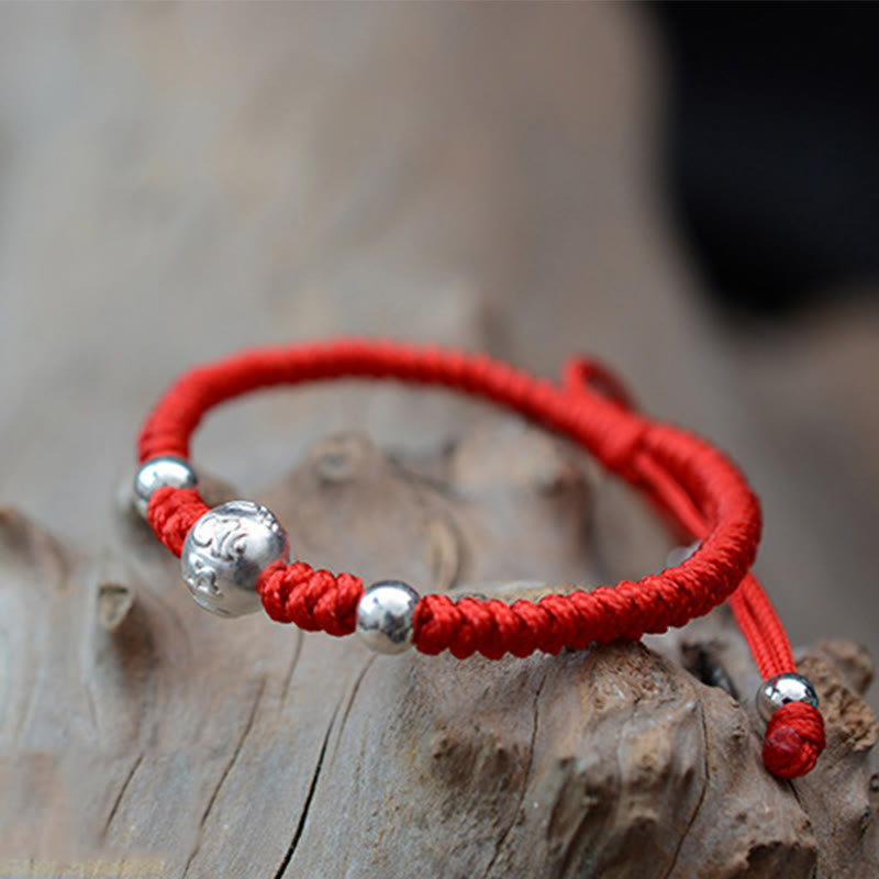 999 Sterling Silver Om Mani Padme Hum Copper Coin Luck Strength String Couple Bracelet
