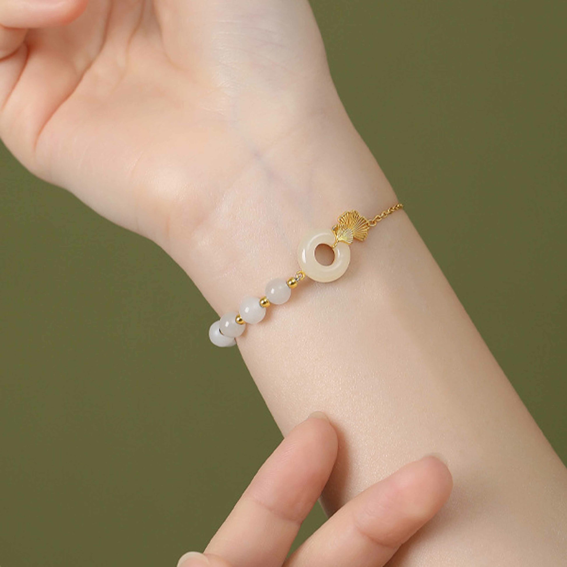 925 Sterling Silver Hetian White Jade Peace Buckle Ginkgo Leaf Luck Bracelet