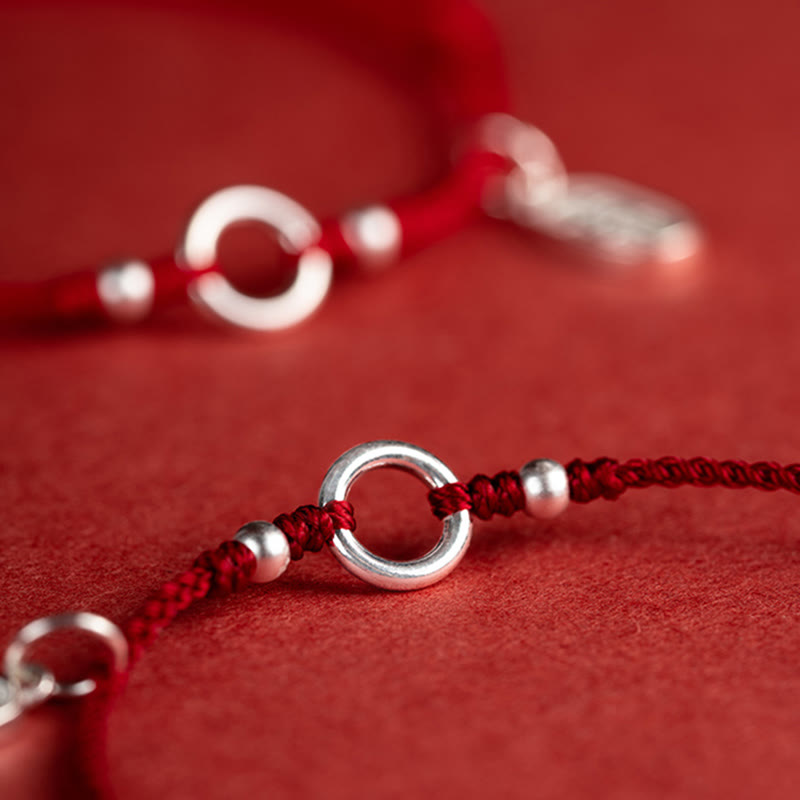 925 Sterling Silver Ping An Kou Lotus Red String Bracelet with Peace and Joy Charms