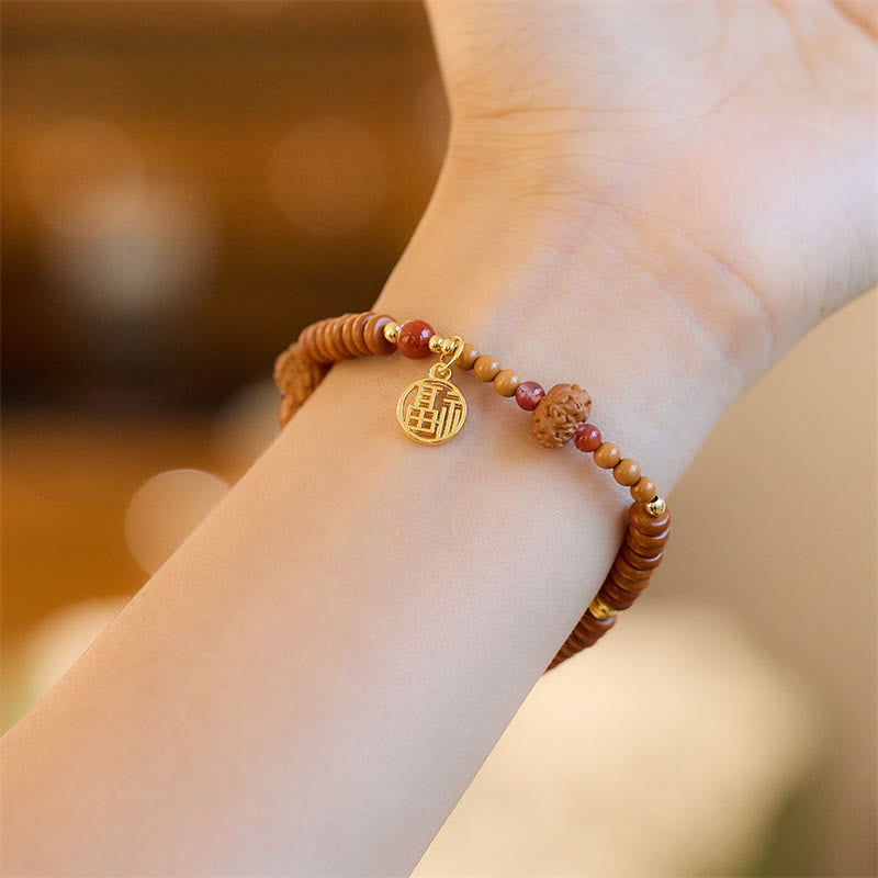 Tibetan Bodhi Seed Om Mani Fu Gold Copper Gemstone Bracelet with Red Agate & Olive Wood