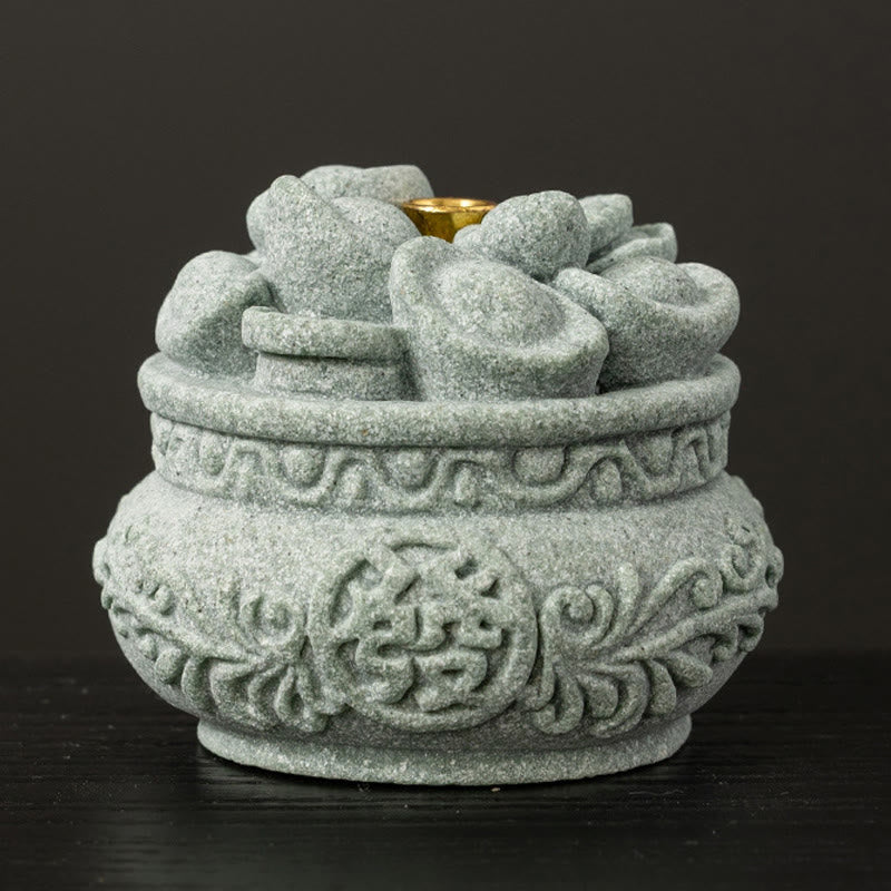 Goldstone Sycee Ingot Incense Burner with Fu Symbol Desk Meditation Tool