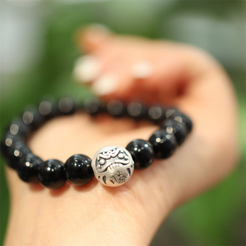 Engraved 925 Sterling Silver and Black Onyx Beaded Bracelet