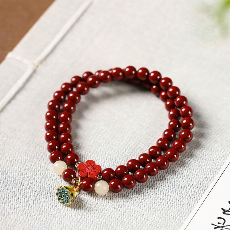 Agate and Cinnabar Lotus Charm Double Wrap Blessing Bracelet