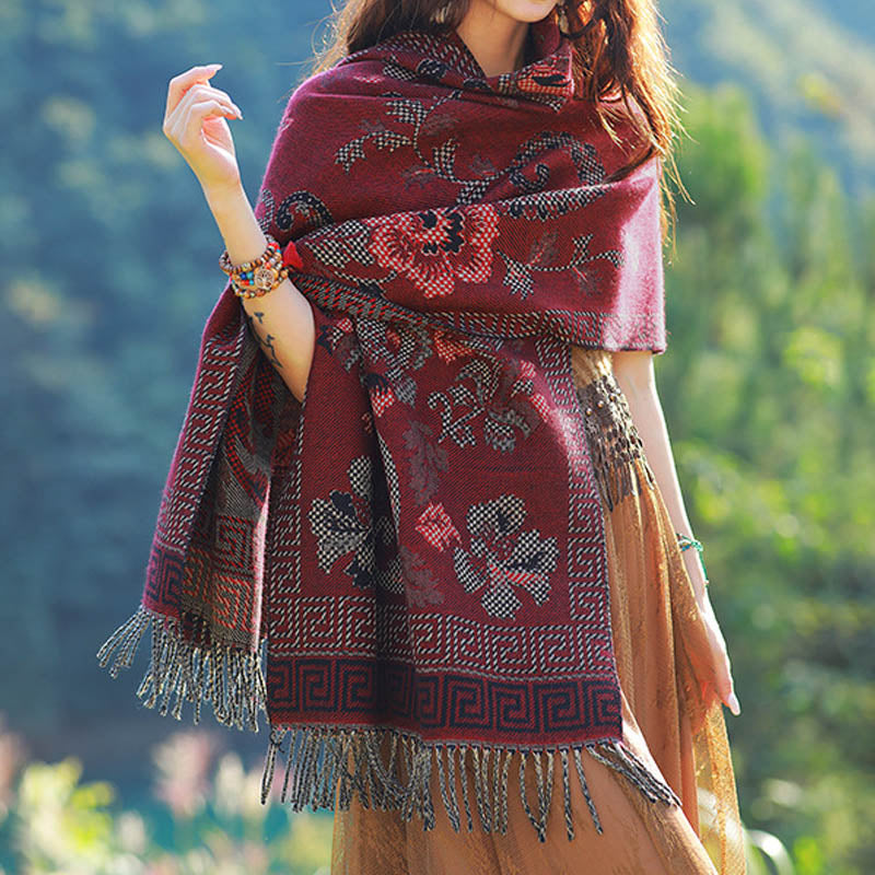 Tibetan Flowers Leaves Pattern Design Shawl Cozy Travel Scarf Wrap