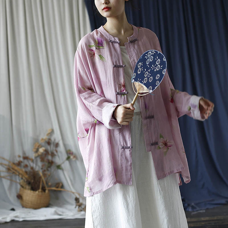 Pink Flower Print Frog-button Design Batwing Long Sleeve Ramie Linen Jacket Shirt
