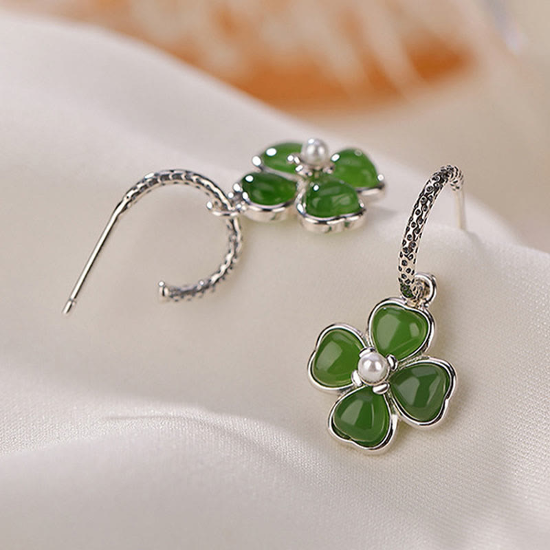 Natural Jade and 925 Sterling Silver Four-Leaf Clover Stud Earrings