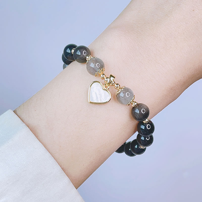 Natural Silver Sheen Obsidian Love Heart Star Flower Protection Bracelet