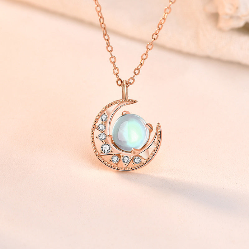 925 Sterling Silver Moonstone Moon Pattern Love Necklace Pendant